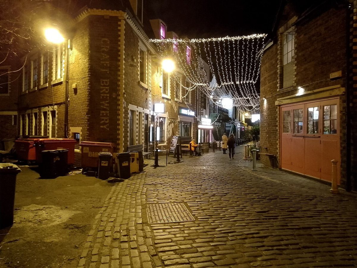 Cobbled Ashton Lane with fairy lights in Glasgow's West End
