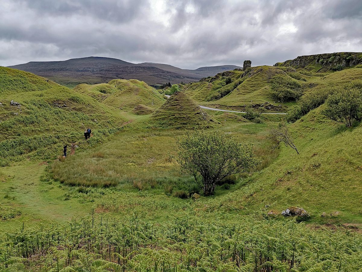 The conical grassy hills of the Fairy Glen near Uig on Skye