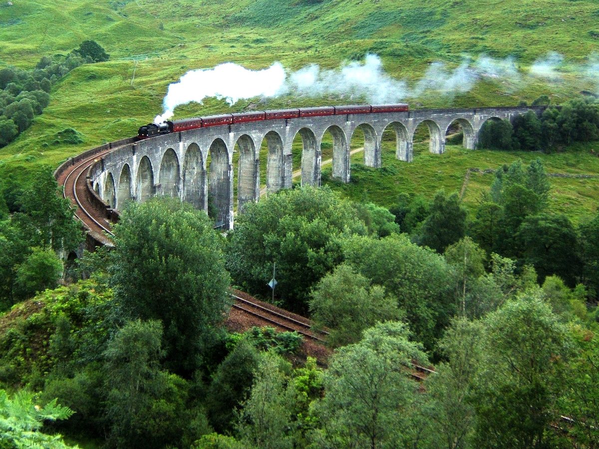 The Jacobite steam train crossing the Glenfinnan Viaduct