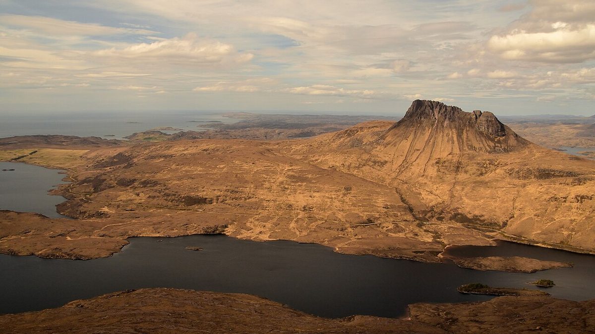 The distinctive rocky crest of Stac Pollaidh rising above Assynt in the northwest Highlands