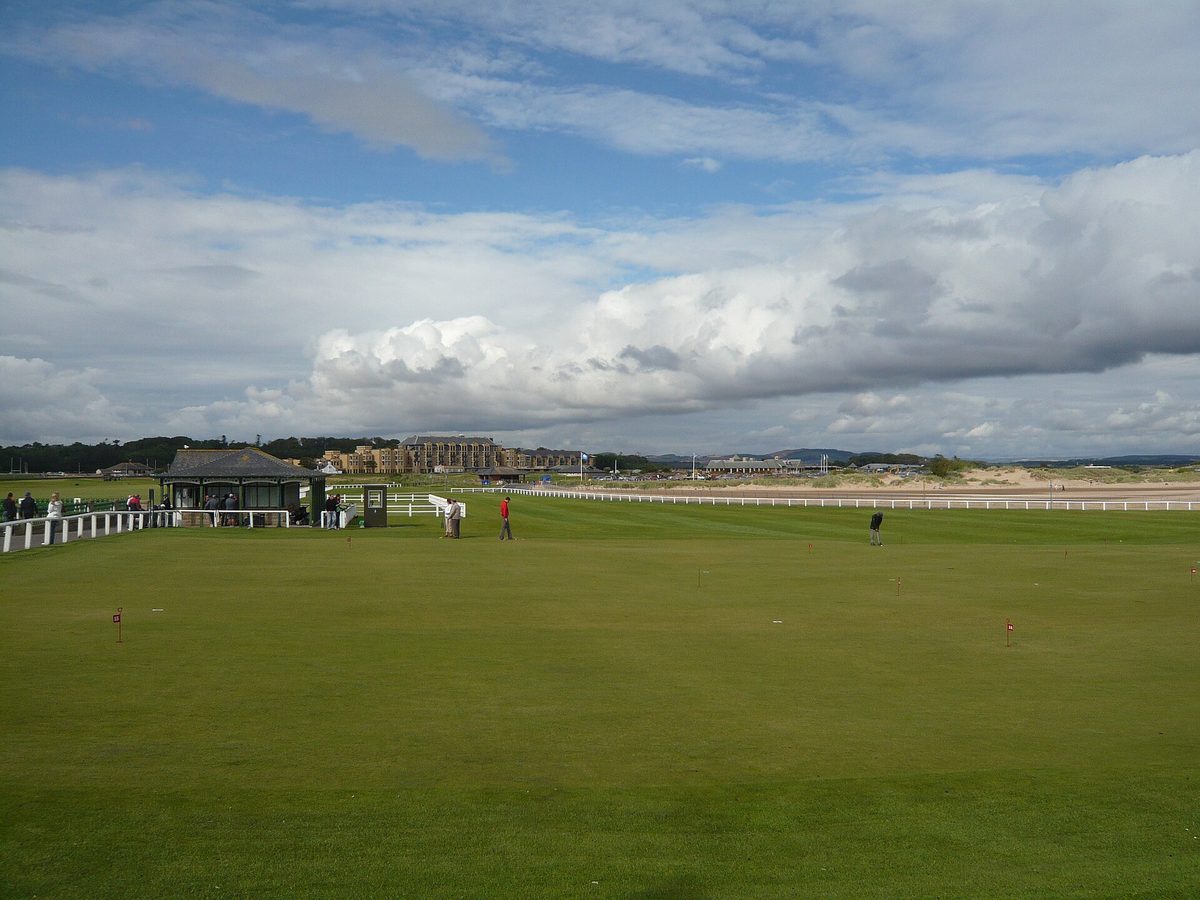 The 18th fairway and town skyline of the Old Course at St Andrews, the Home of Golf