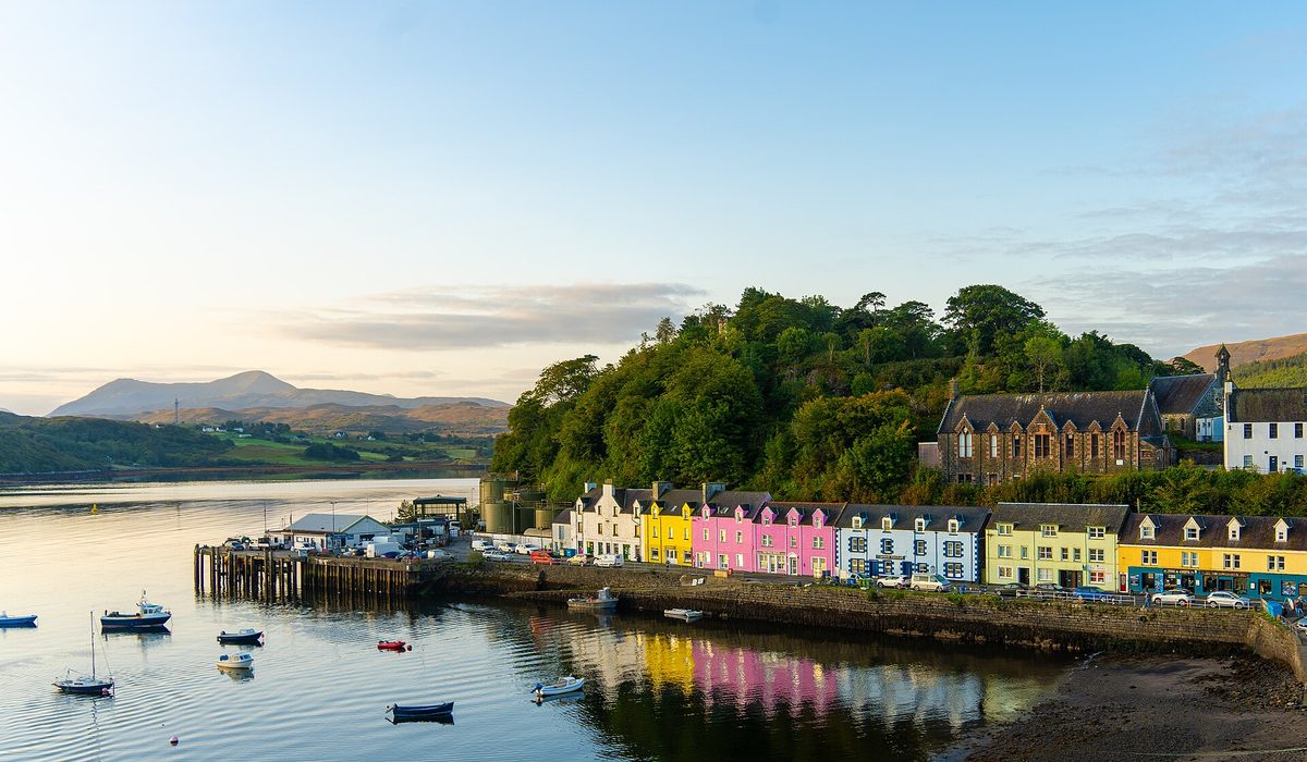 Coloured houses around the harbour at Portree, the main base town on the Isle of Skye