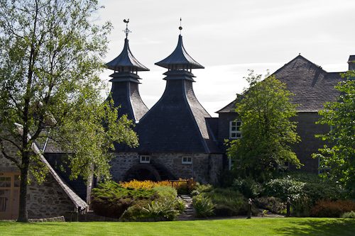 A Speyside distillery with its pagoda roofs, on the whisky trail near Dufftown
