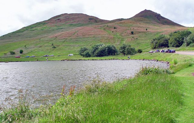 Dunsapie Loch and its car park on the east side of Holyrood Park, the shortest start point for the Arthur's Seat hike
