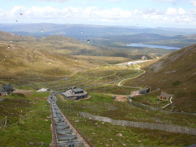 The Cairngorm Mountain Railway track running down towards the base station and Strathspey