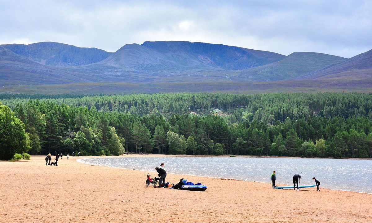 Loch Morlich and the Cairngorm plateau, a fifteen-minute drive from Aviemore