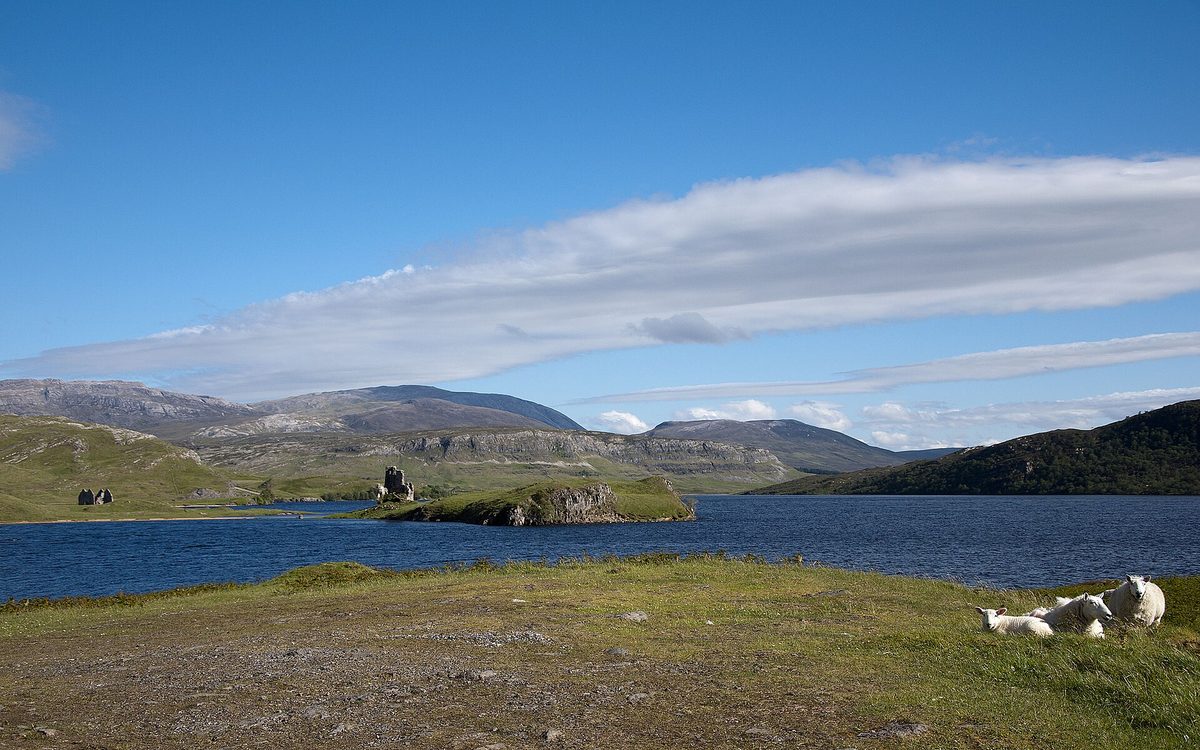 Ardvreck Castle ruins beside Loch Assynt on the west coast of the North Coast 500