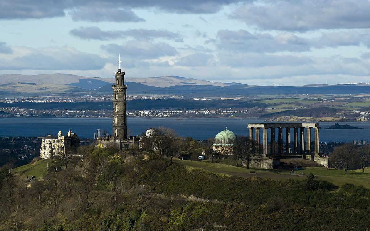The Nelson Monument and the unfinished National Monument on Calton Hill above Edinburgh