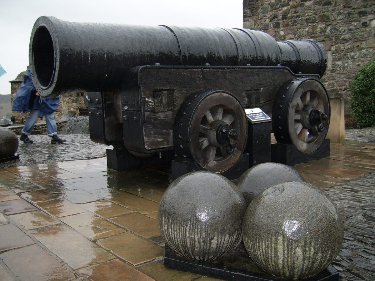 Mons Meg, the six-tonne medieval siege gun, with its stone shot outside St Margaret's Chapel