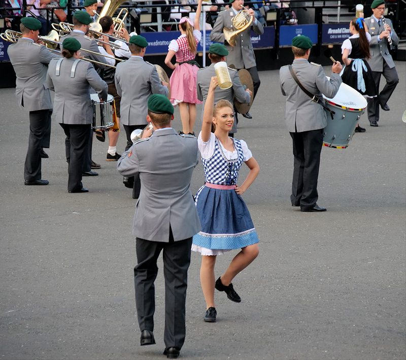 A visiting military band performing on the Edinburgh Castle esplanade during the Royal Edinburgh Military Tattoo