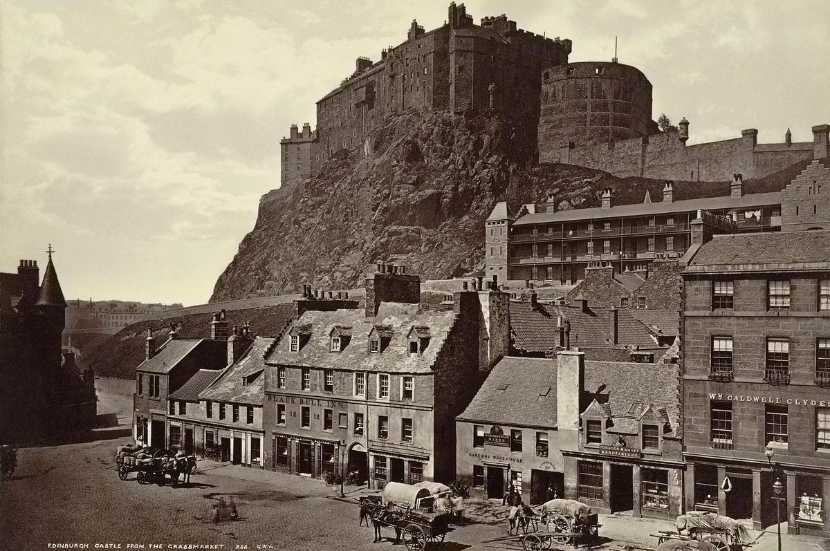 A Victorian photograph of Edinburgh's Grassmarket beneath the castle, the city's old public execution site