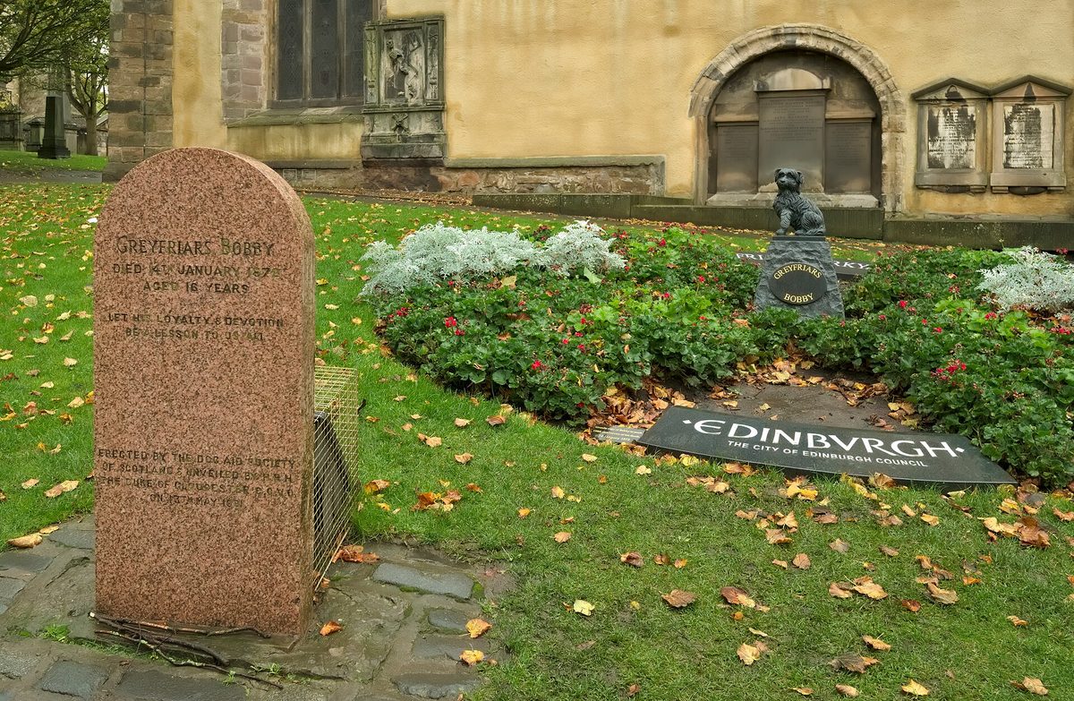 Greyfriars Bobby's headstone and memorial just inside Greyfriars Kirkyard, free to visit in daylight