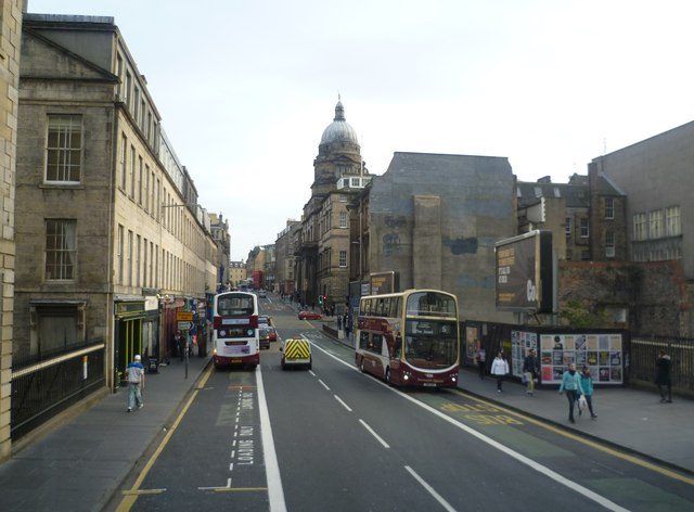 Looking along South Bridge in Edinburgh, the street built over the arches that contain the underground vaults