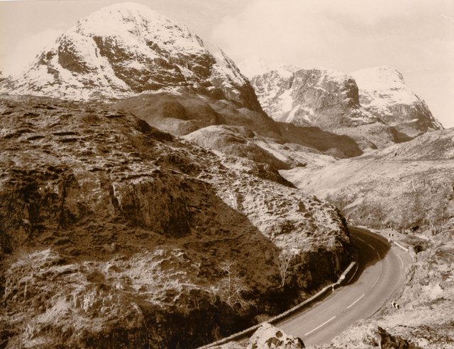 The A82 curving beneath the Three Sisters in Glen Coe on the western route from Edinburgh