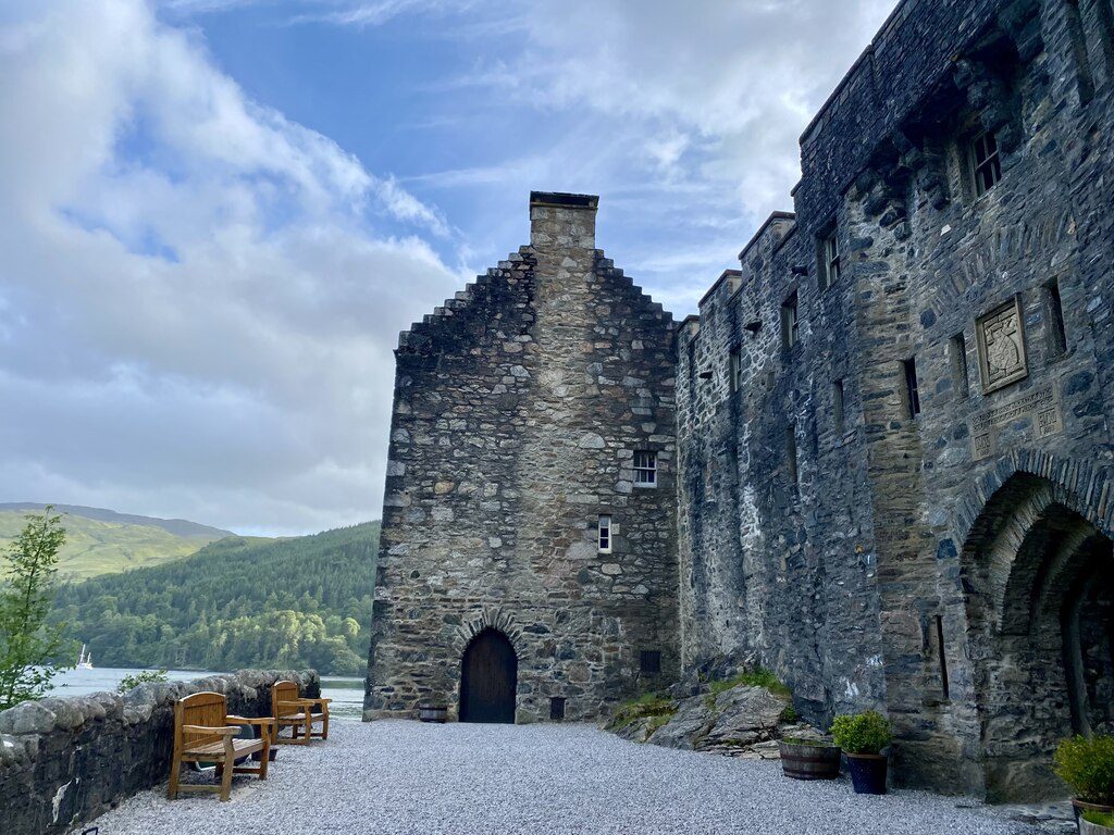 The gravelled courtyard and rebuilt walls inside Eilean Donan Castle