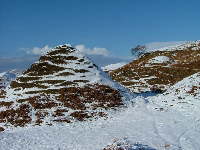 Cone-shaped grassy hillocks in the Fairy Glen above Uig, Isle of Skye, under winter snow