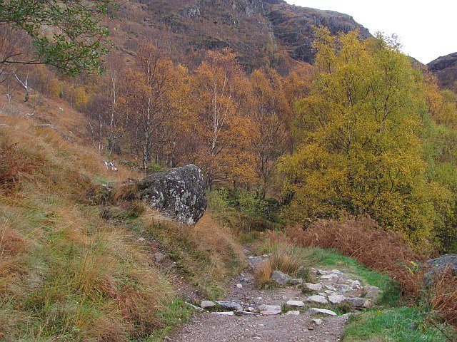The rocky path through the Nevis Gorge on the walk to Steall Falls near Fort William