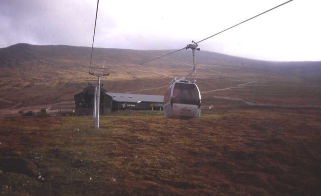 A Nevis Range gondola cabin approaching the top station at 650 metres on Aonach Mor