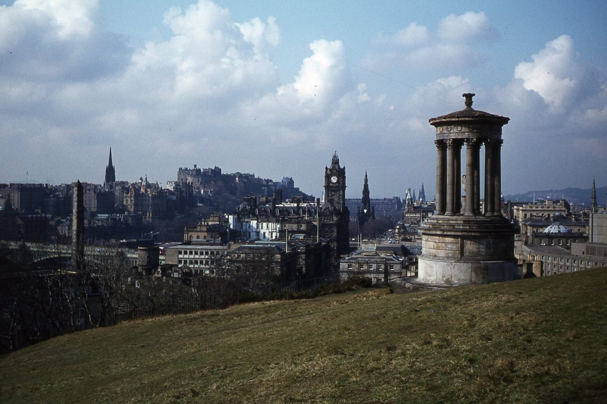 The Dugald Stewart Monument on Calton Hill with Edinburgh Castle beyond, the city's easiest free viewpoint