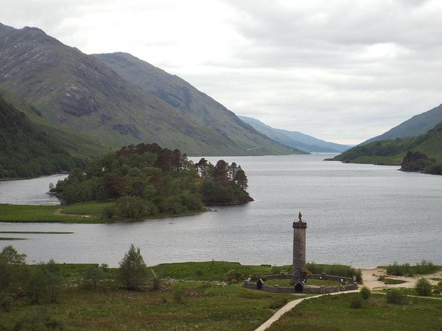 Loch Shiel and the Glenfinnan Monument seen from the hillside above the visitor centre
