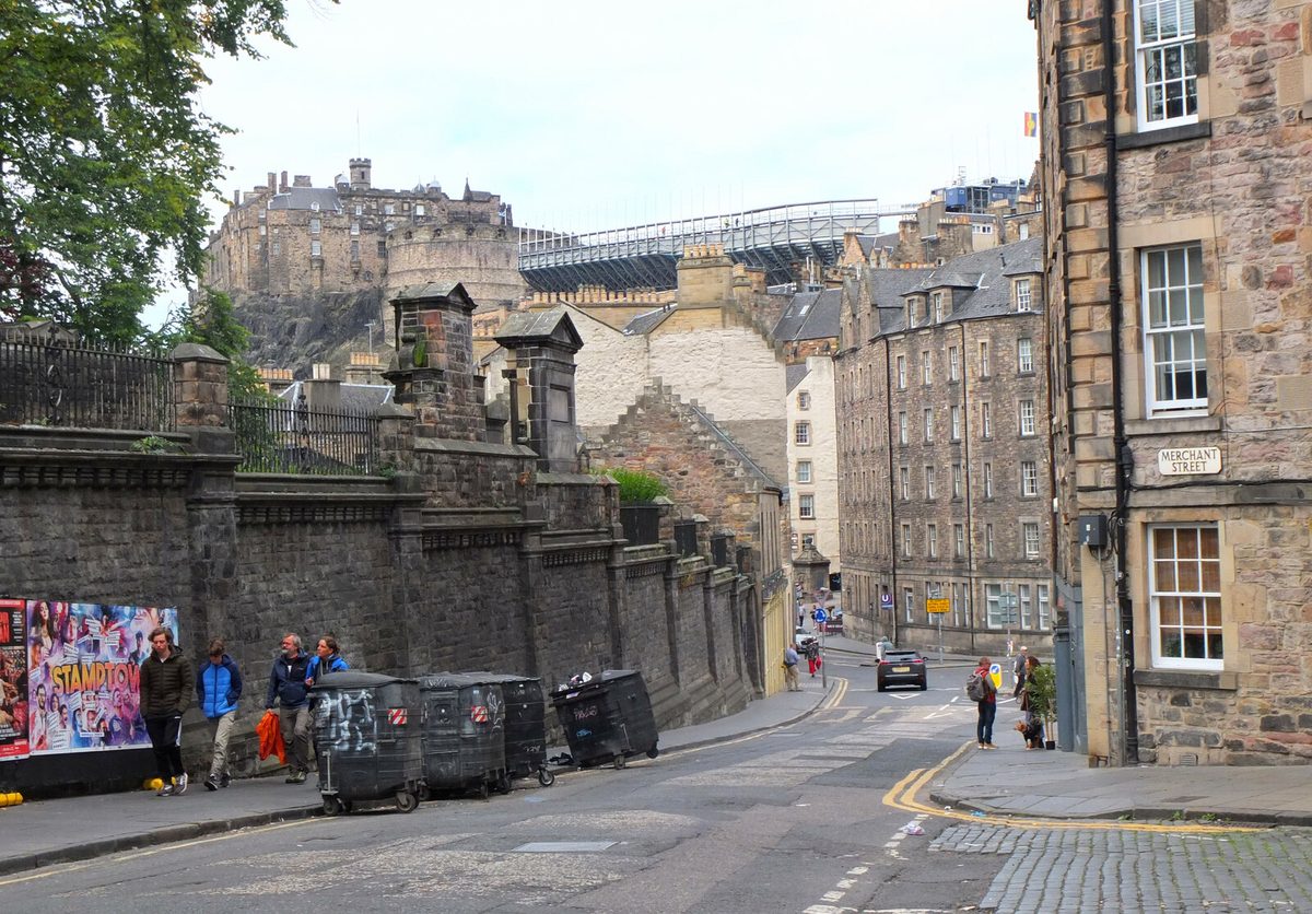 Old Town streets below George IV Bridge in Edinburgh with the castle rising beyond