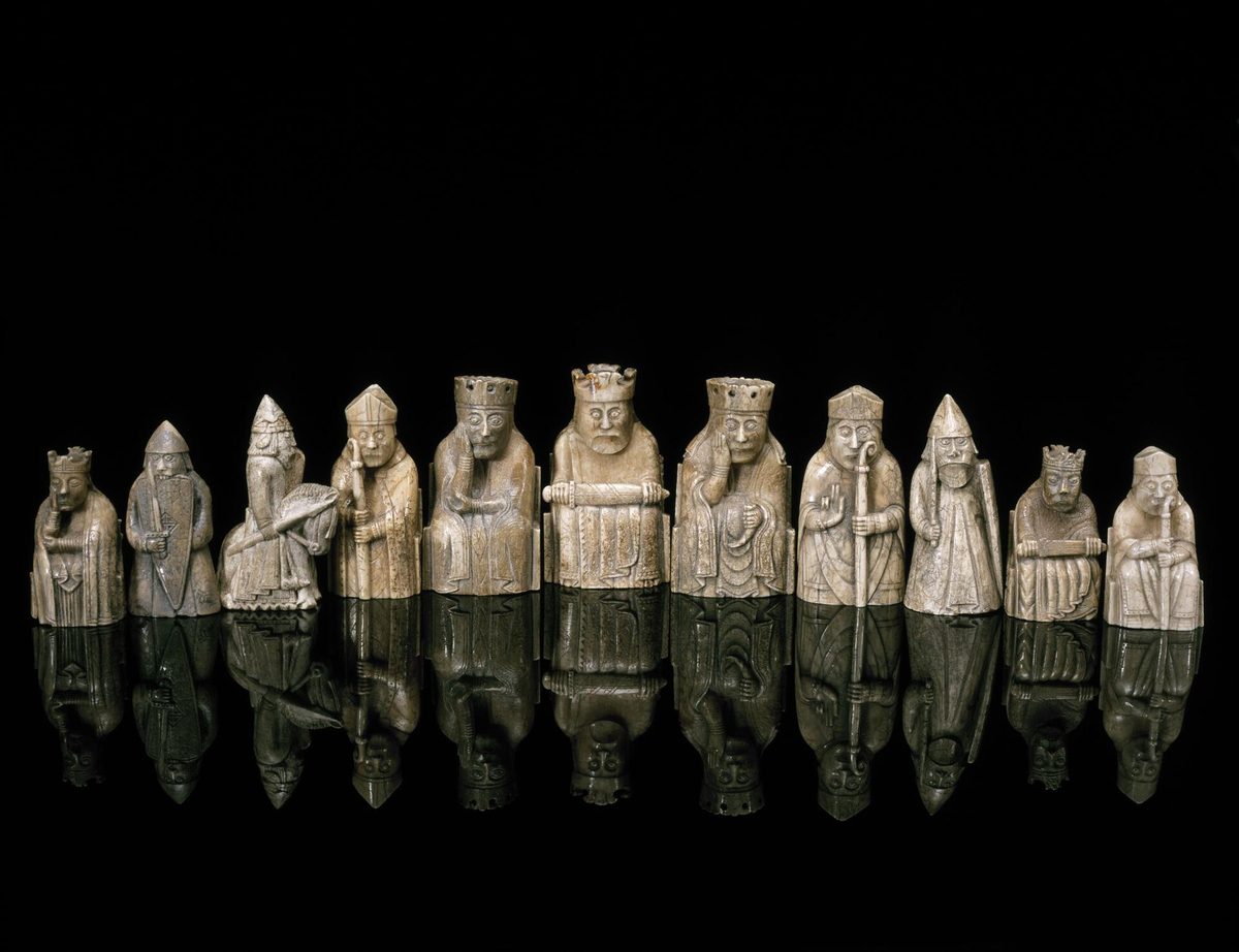 The medieval Lewis Chessmen, carved walrus-ivory pieces held by National Museums Scotland