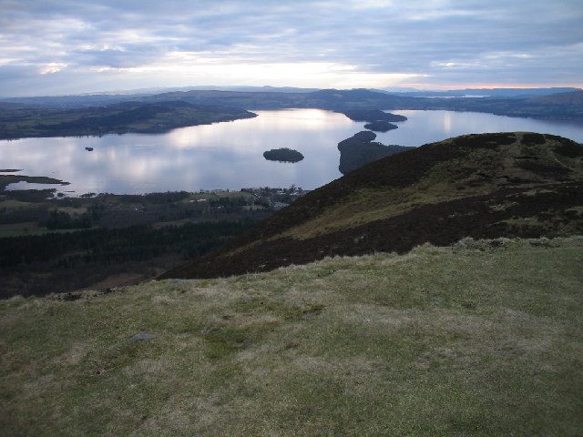 View over Loch Lomond and its islands from the summit ridge of Conic Hill above Balmaha