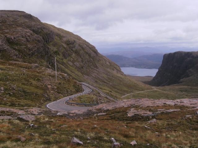 The Bealach na Ba road climbing above Applecross in Wester Ross, high and exposed to the wind