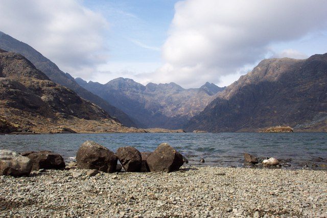 Loch Coruisk in its rock basin beneath the Black Cuillin ridge on the Isle of Skye