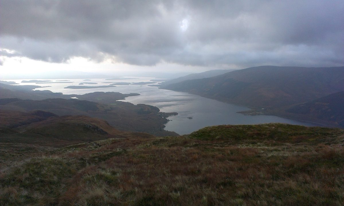 Loch Lomond and its chain of islands seen from the hills above the east shore