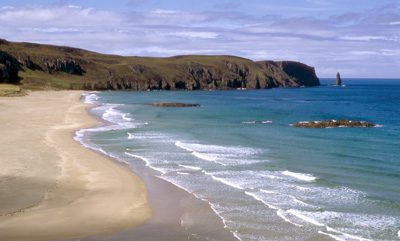 The beach and sea stack at Sandwood Bay in north-west Sutherland
