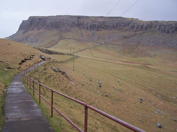 The concrete path and handrail on the steep climb back up from Neist Point lighthouse