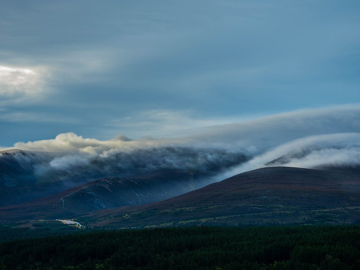 Cloud spilling over the Cairngorm mountains near Aviemore, the main obstacle to seeing the aurora in Scotland