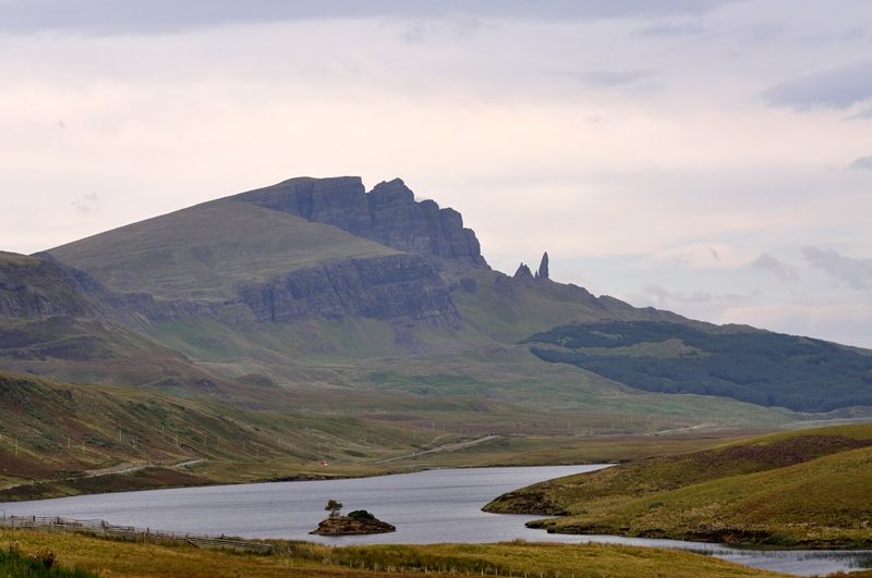 The Storr on the Isle of Skye with the Old Man pinnacle visible below the cliffs