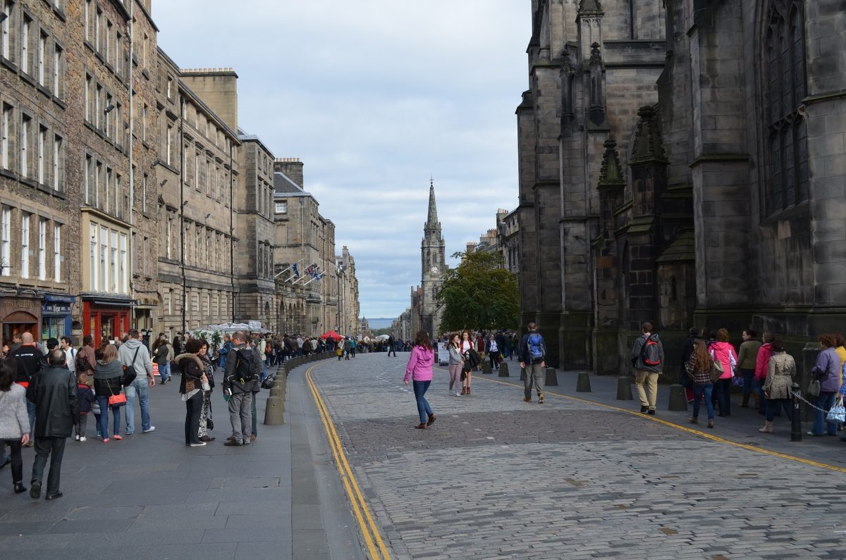 The Royal Mile in Edinburgh's Old Town, looking downhill east towards the Tron Kirk