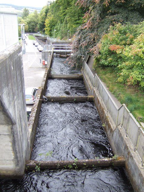 The stepped pools of the salmon ladder beside Pitlochry Dam
