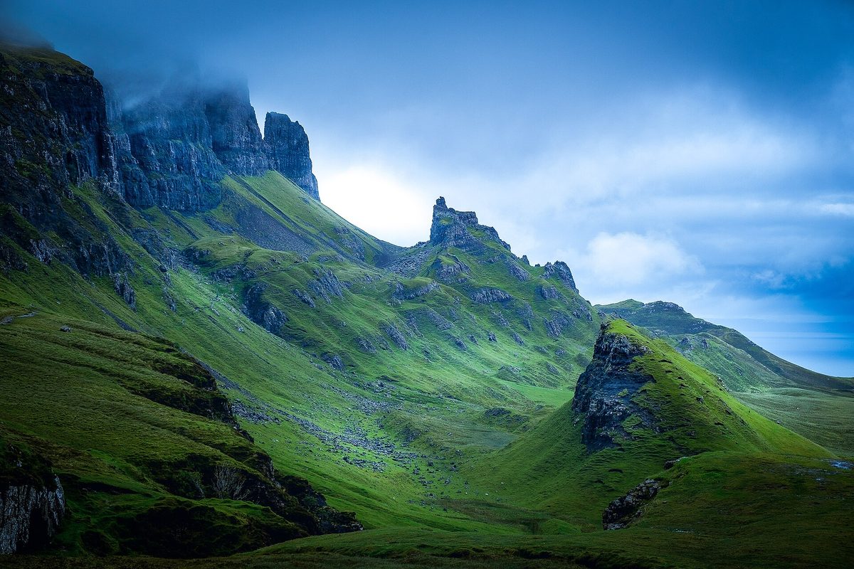 Low cloud sitting on the cliffs above the Quiraing on the Isle of Skye