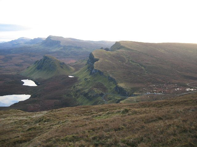 Looking down over the Quiraing landslip from the escarpment top of Meall na Suiramach