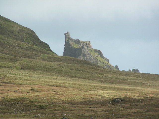 The Prison seen across open moorland from the lower Quiraing path