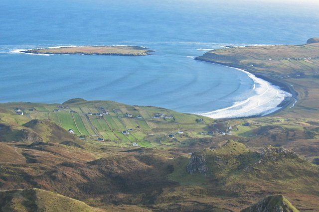 Staffin Bay and the crofting township of Digg seen from high on the Trotternish ridge