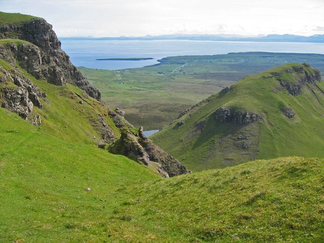 The Trotternish escarpment above the Quiraing, looking out over Staffin Bay to the mainland hills