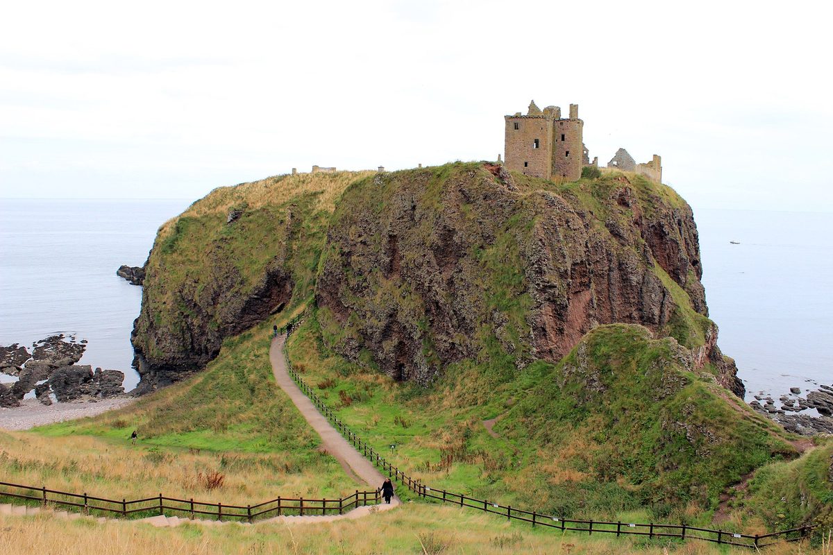 Dunnottar Castle ruins on a sea cliff near Stonehaven, a popular proposal spot in Scotland