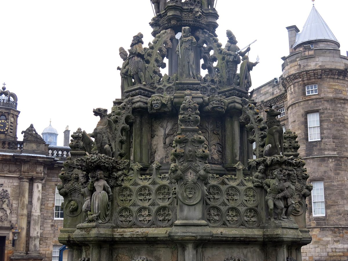 The carved fountain in the forecourt of the Palace of Holyroodhouse at the foot of the Royal Mile