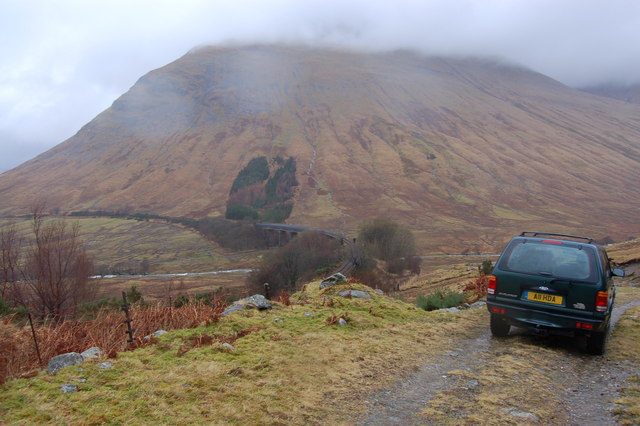 The West Highland Line curving beneath Beinn Dorain near Bridge of Orchy