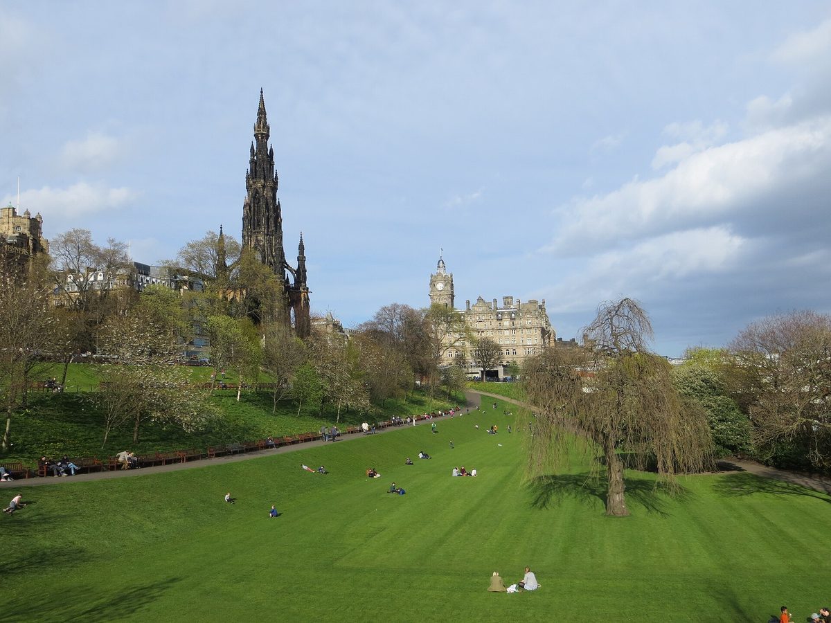 Princes Street Gardens in spring, with the Scott Monument and the Balmoral clock tower behind