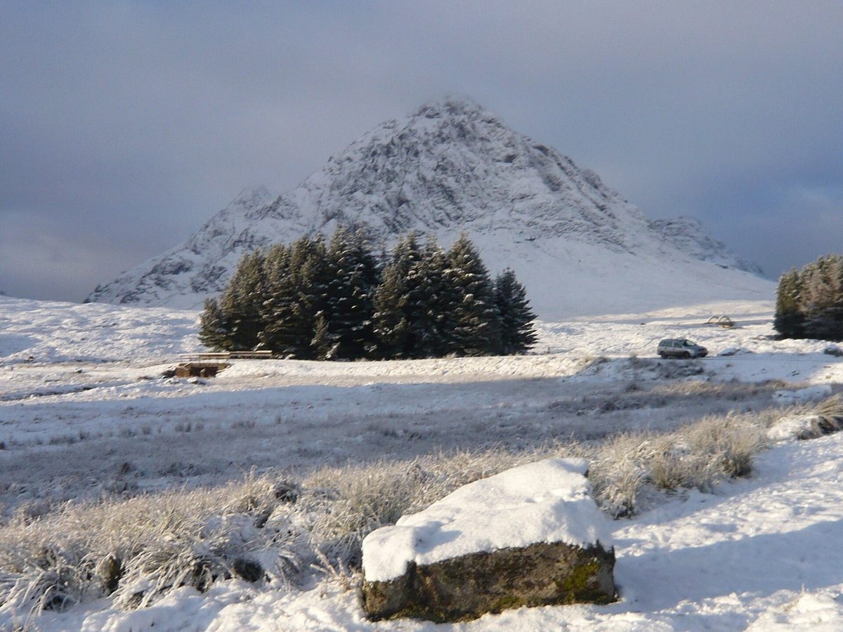 Buachaille Etive Mor under snow at the head of Glen Coe