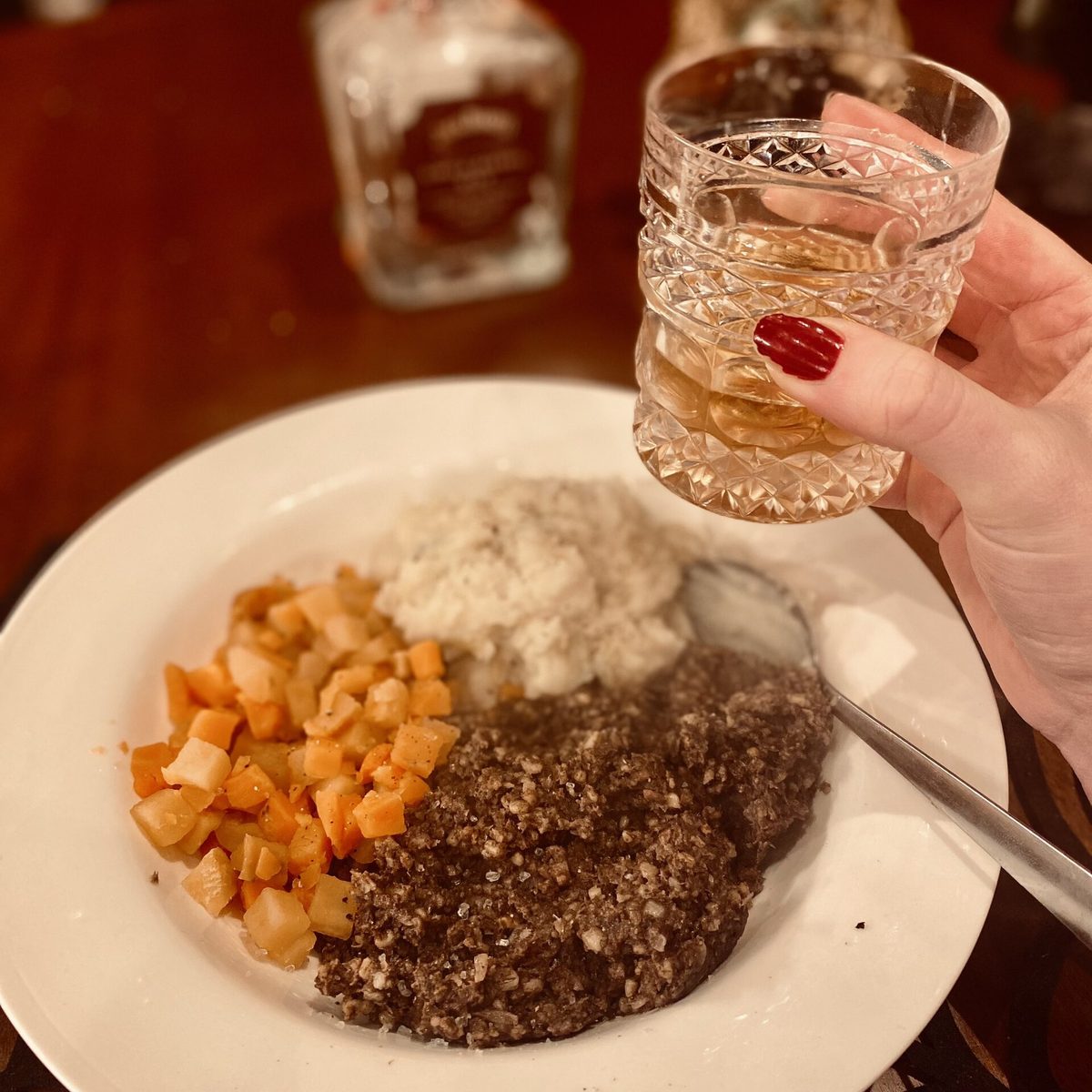 Haggis, neeps and tatties with a dram, served for a Burns supper on 25 January