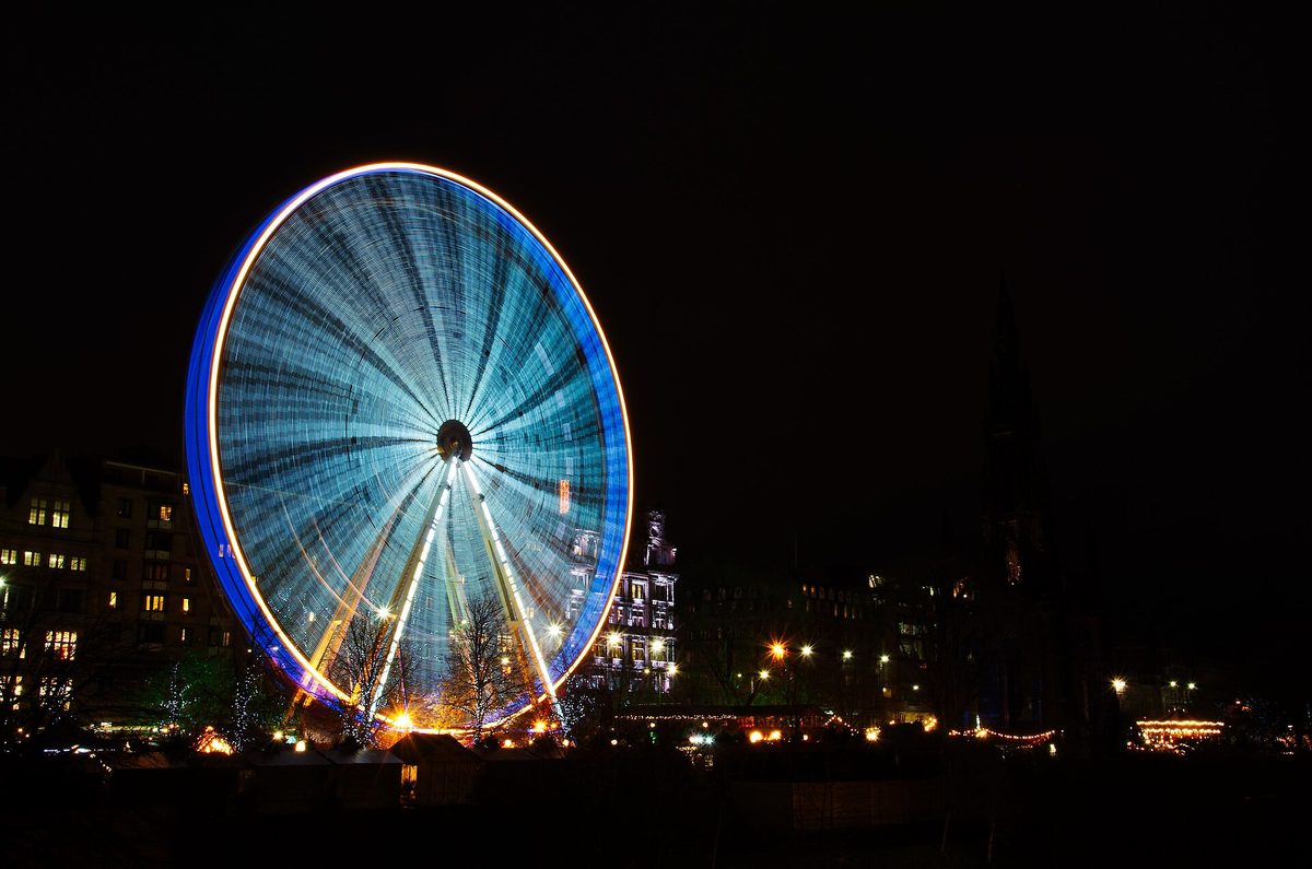 The big wheel and Christmas market lights below the Scott Monument in Edinburgh