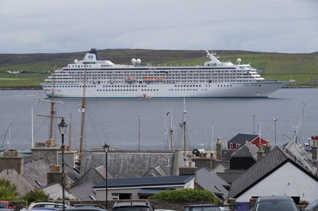 Lerwick harbour in Shetland under grey summer cloud