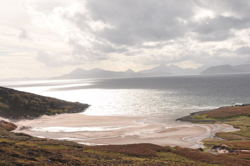 The beach at Sand on the Applecross peninsula, looking across to Raasay and Skye